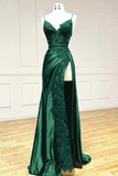 Chic Sheath Spaghetti Straps Burgundy Satin Prom Dress Formal Dress With Ruffles HZ1024