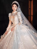 Luxury Ball Gown High Neckline Long Sleeves Lace White Wedding Dress HZ1024