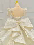 Timeless Ball Gown Sweetheart Long Puffy Sleeves Sequin Wedding Dresses With Bowknot HZ1024