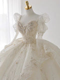 Luxury Ball Gown Sweetheart Sequin White Long Sleeves Wedding Dresses With Beads HZ1024