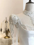 Simple Ball Gown Sweetheart White Long Sleeves Satin Wedding Dresses With Beads HZ1024