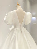 Simple Ball Gown V Neckline Short Sleeves White Satin Wedding Dresses With Bow HZ1024