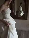 Chic A Line Strapless Sleeveless White Satin Slit Wedding Dresses HZ1024