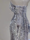 Sexy Mermaid Strapless Silver Sequin Long Prom Dress HZ1024