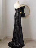 Sexy Mermaid Strapless Black Sequin Long Prom Dresses HZ1024