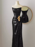 Sexy Mermaid Strapless Black Sequin Long Prom Dresses HZ1024
