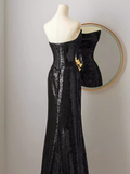 Sexy Mermaid Strapless Black Sequin Long Prom Dresses HZ1024