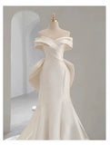 Sexy Mermaid Off The Shoulder Short Sleeves Long White Wedding Dresses With Bow HZ1024