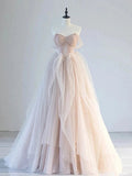 A-Line Off Shoulder Tulle Lace Long Prom Dress Evening Party Dress HZ1024