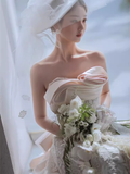 Unique A line Strapless Satin Long Wedding Dress With Bowknot HZ1024
