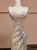 Elegant Mermaid Sweetheart Champagne Sequin Long Prom Dresses Evening Dress With Beads HZ1024