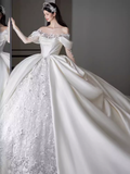 Unique Ball Gown Off The Shoulder Lace Long Wedding Dresses HZ1024