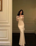 Sexy Mermaid Off The Shoulder Tulle White Satin Long Prom Dress Evening Dresses HZ1024