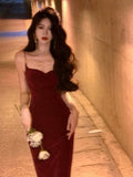 Sexy Mermaid Straps Velvet Burgundy Long Prom Dress Evening Dresses HZ1024