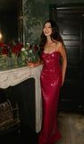Sexy Sheath Spaghetti Straps Burgundy Sleeveless Long Sequin Prom Dress Evening Dresses HZ1024