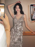 Modest Mermaid V Neckline Silver Sequin Slit Long Prom Dresses HZ1024