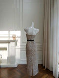 Pretty Sheath Spaghetti Straps Champagne Sequin Prom Dress Formal Dresses HZ1024