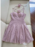 Modest A line Spaghetti Straps Lace Lilac Short Homecoming Dresses Birthday Outfits HZ1024