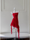 Modest Sheath Spaghetti Straps Red Chiffon Ruffled Short Homecoming Dresses Birthday Outfits HZ1024