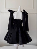 Modest A line Straps Black Short Homecoming Dresses Birthday Outfits With Bow HZ1024