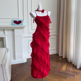 Modest A line Spaghetti Straps Red Chiffon Long Prom Dress Formal Dresses HZ1024