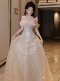 Sexy A Line Off The Shoulder Sequin Long Prom Dresses Birthday Outfits With Feather HZ1024