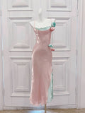 Modest Sheath Spaghetti Straps Pink Long Prom Dresses Evening Dress With Flowers HZ1024
