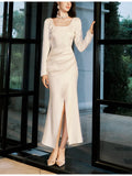Modest Sheath Square Neckline White Long Prom Dresses Slit Evening Dress HZ1024