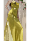 Pretty Sheath Spaghetti Straps Green Long Prom Dresses Evening Dress With Flowers HZ1024