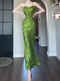 Pretty Sheath Spaghetti Straps Green Sequin Prom Dresses Sexy Evening Dress HZ1024