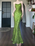 Pretty Sheath Spaghetti Straps Green Sequin Prom Dresses Sexy Evening Dress HZ1024
