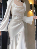 Pretty Mermaid Square Neckline Light Sky Blue Silk Satin Prom Dresses Sexy Evening Dress HZ1024