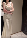 Pretty Mermaid Straps Ivory Silk Satin Long Prom Dresses HZ1024