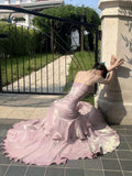 Pretty Sheath Spaghetti Straps Lilac Ruffles Long Prom Dresses HZ1024