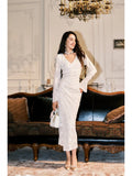 Pretty Sheath V Neckline Long Sleeves White Floral Lace Long Prom Dresses HZ1024