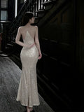 Pretty Sheath Spaghetti Straps Silver Sequin Prom Dresses HZ1024