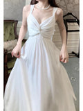 Sexy A line Straps Sleeveless White Chiffon Long Prom Dresses HZ1024