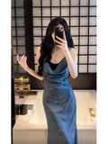 Sexy Sheath Spaghetti Straps Sleeveless Navy Blue Sequin Prom Dresses Evening Gowns HZ1024