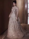 Sexy A Line High Neckline Sequin Long Prom Dresses Backless Birthday Outfits HZ1024