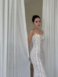 Sexy Sheath Spaghetti Straps White Lace Ankle Length Prom Dresses Evening Dress HZ1024