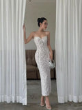 Sexy Sheath Spaghetti Straps White Lace Ankle Length Prom Dresses Evening Dress HZ1024