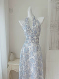 French A line Halter Lilac Floral Long Chiffon Prom Dresses Evening Dress HZ1024