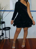 Sparkly Sequin Short A Line One Shoulder African Women Formal Long Sleeve Homecoming Dress Birthday Outfit HZ1024