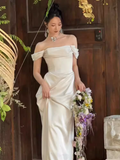 Simple A line Off The Shoulder Satin Ruffles Long White Wedding Dresses HZ1024