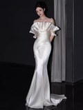 Simple Mermaid Strapless White Long Prom Dresses HZ1024