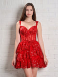 Sweet Lace Sequin Homecoming Dress Off The Shoulder Hoco Dress Red Ruffle Graduation Dresses HZ1024