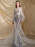 Sexy Mermaid Scoop Neckline Silver Sequin Prom Dresses Long Birthday Outfits HZ1024