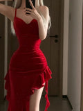 Pretty High Low Spaghetti Straps Red Ruffles Prom Dresses Birthday Party Dress HZ1024