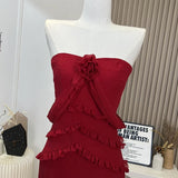 Pretty High Low Strapless Chiffon Long Prom Dresses Burgundy Evening Dress HZ1024