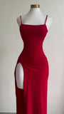 Sexy Sheath Spaghetti Straps Red Floor Length Slit Prom Dresses Evening Dress HZ1024